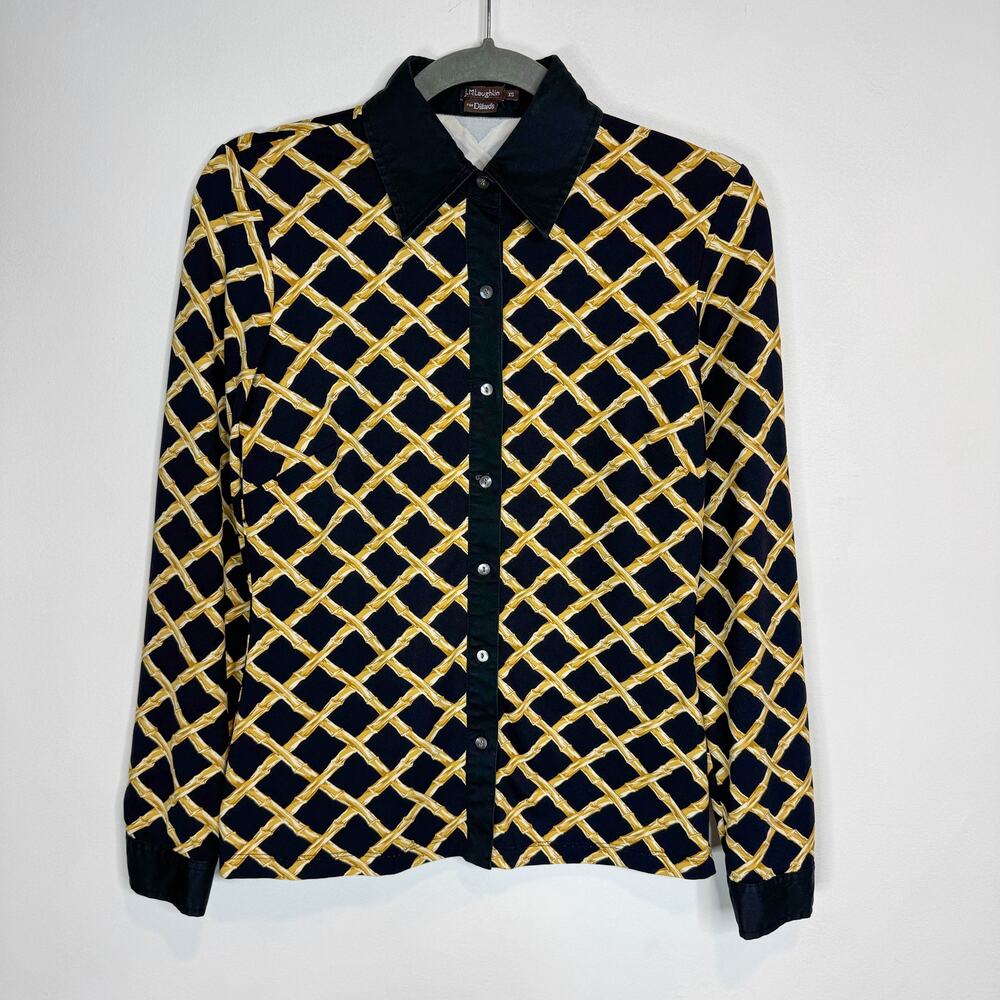 J. McLaughlin Bamboo Stick Button Down Shirt black tan 3152